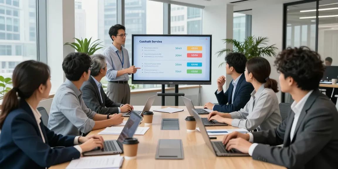 Team discussing business mobile services in a modern office focused on collaboration.