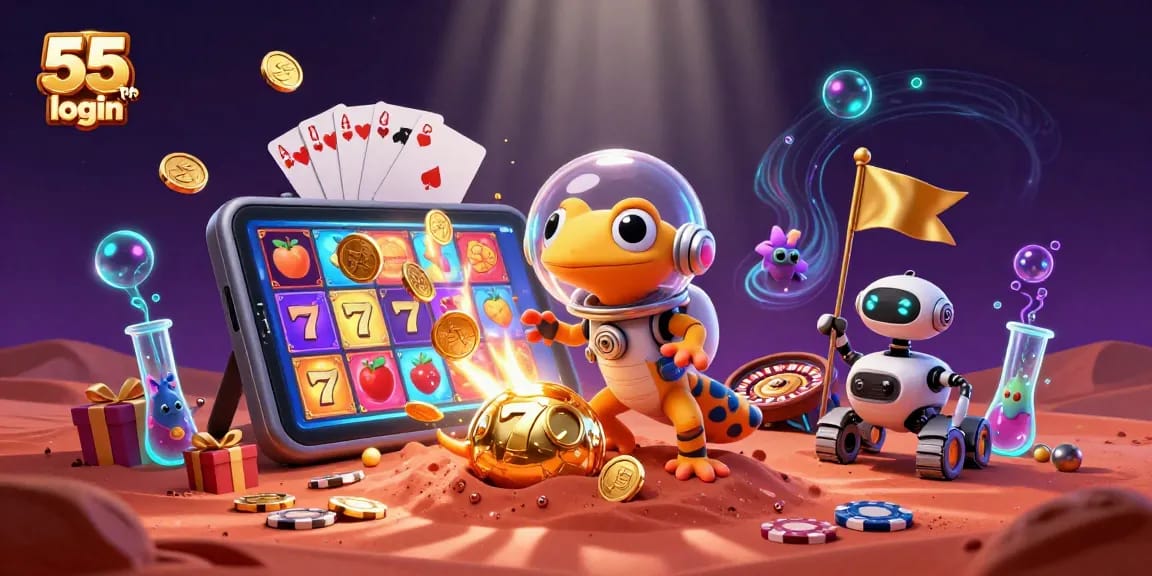 Engage with the exciting 55 club login through a vibrant illustration of a Martian gecko amid casino treasures.