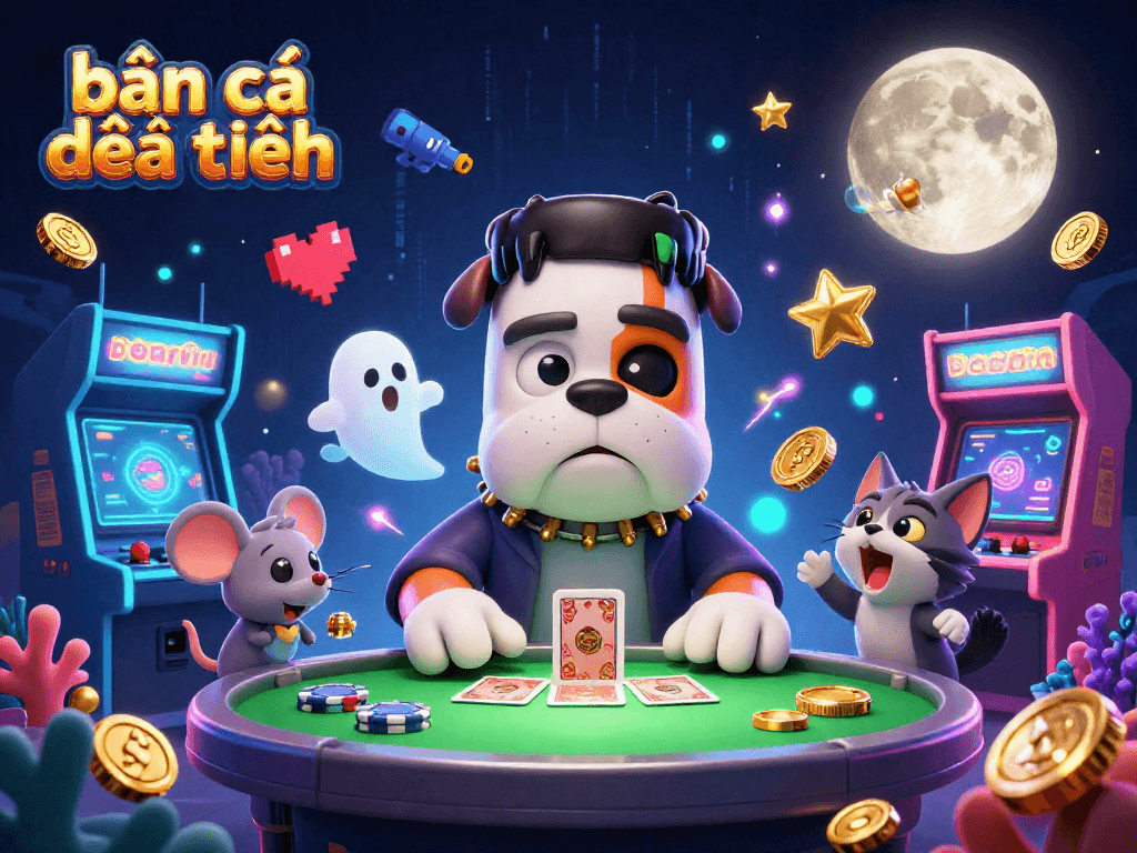 Engage in bắn cá đổi thưởng with a whimsical scene of a bulldog dealer in a lively atmosphere.