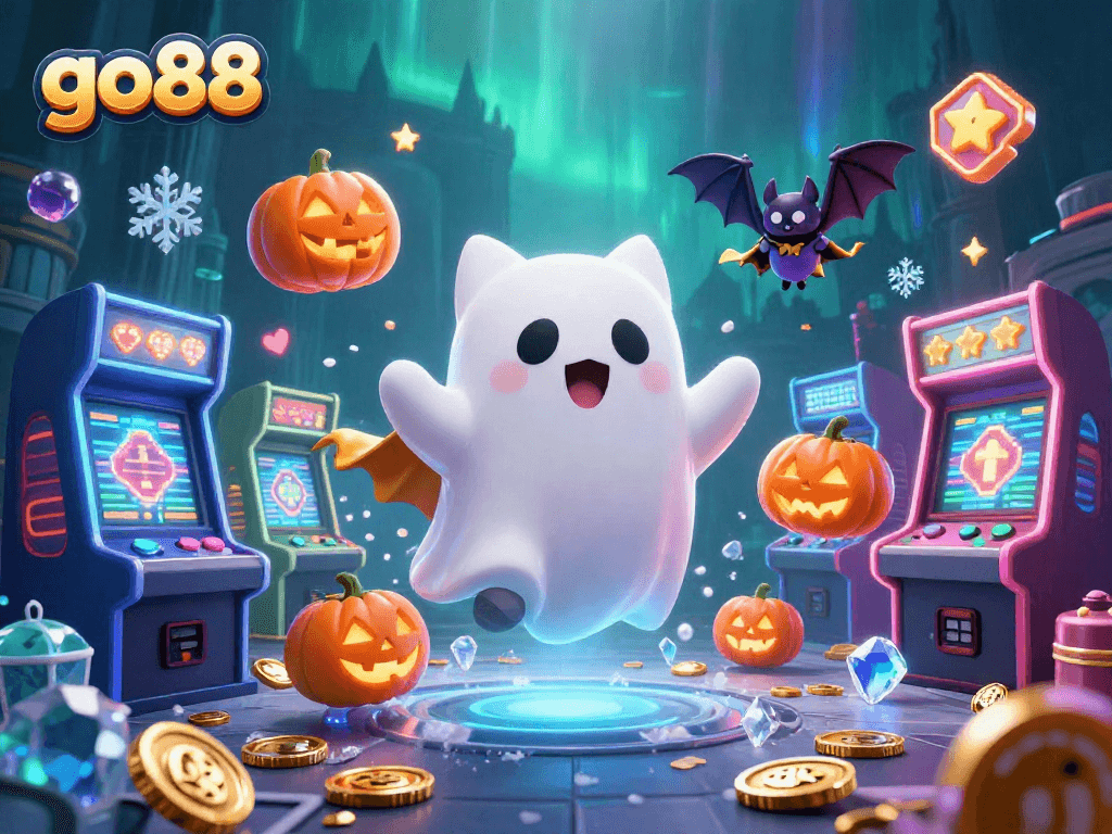 Join the go88 casino adventure with a glowing ghost cat and bat in this vibrant game scene.