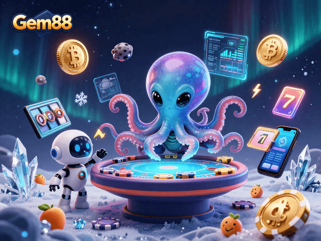 Gem88 alien octopus plays poker with floating chips and crypto elements in dynamic casino scene