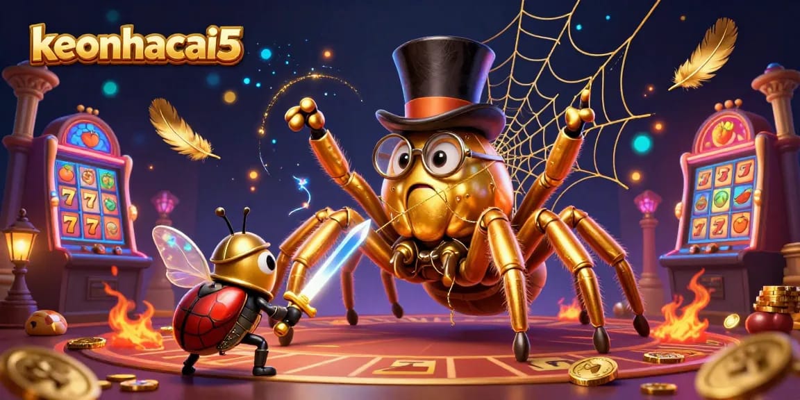 Engage with the vibrant action of keonhacai5's casino experience featuring a dramatic scene of characters amidst lively game elements.