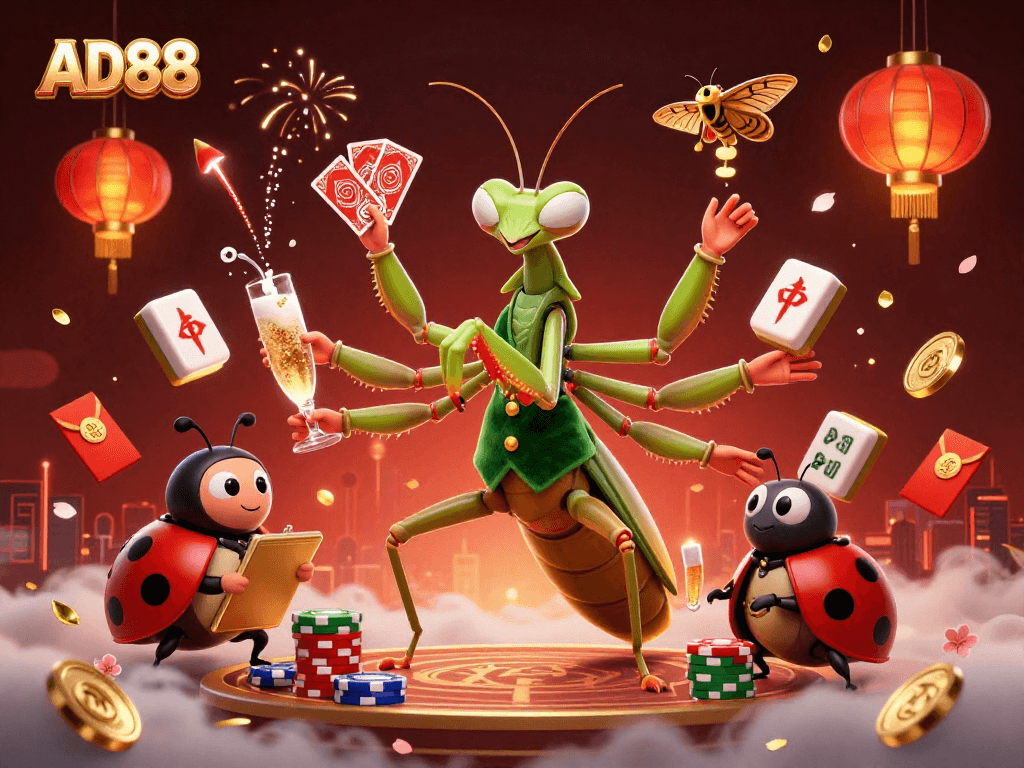 Experience thrilling gaming action at AD88 with vibrant characters amid a festive casino atmosphere.