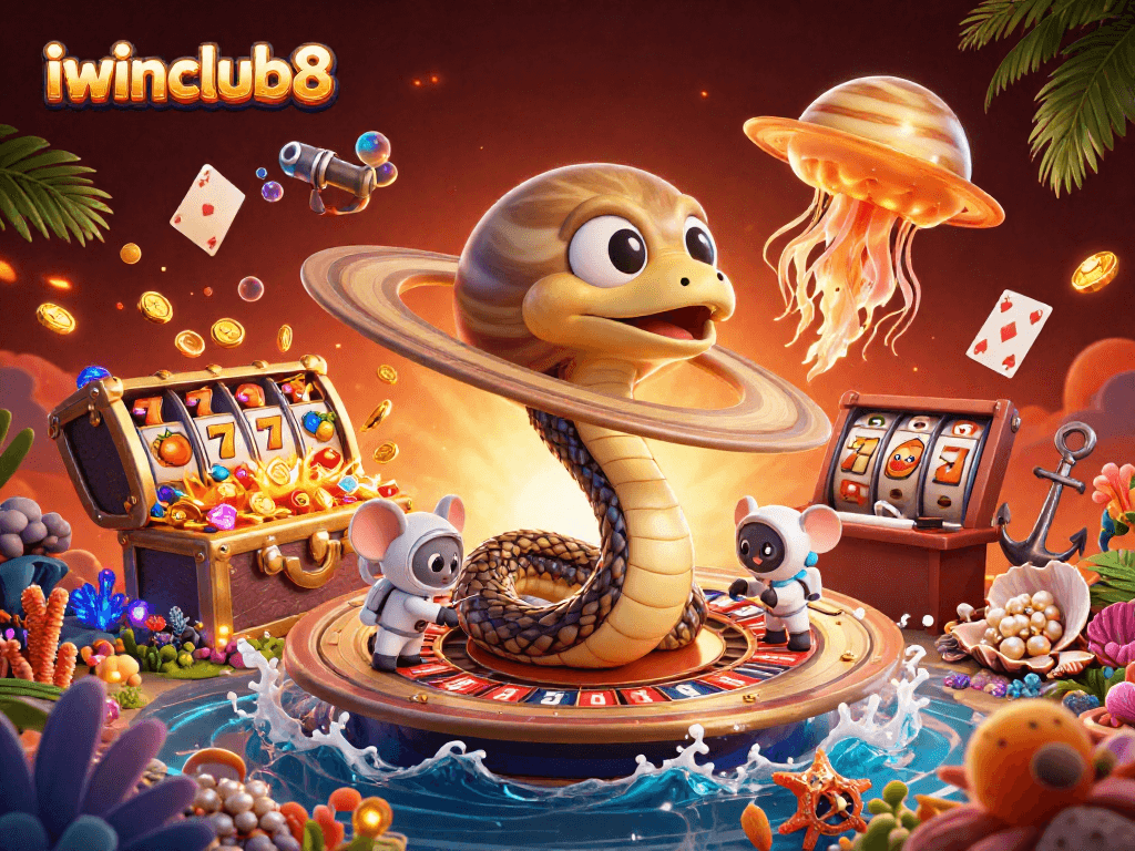 Experience the vibrant world of iwinclub8, where cartoon characters navigate a cosmic casino scene.