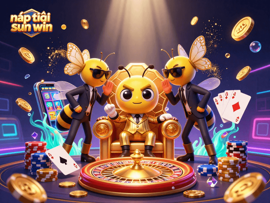 Nạp tiền sun win as a bumblebee mob boss spins roulette, showcasing dynamic casino elements.