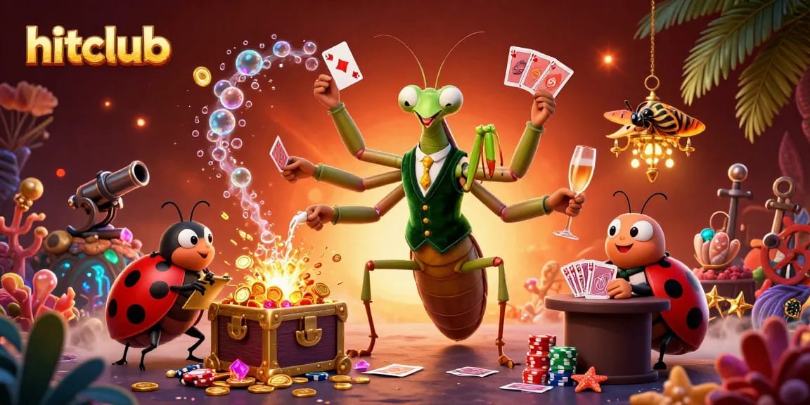 Hitclub's giant praying mantis card sharp deals cards amidst vibrant virtual treasure scenes.