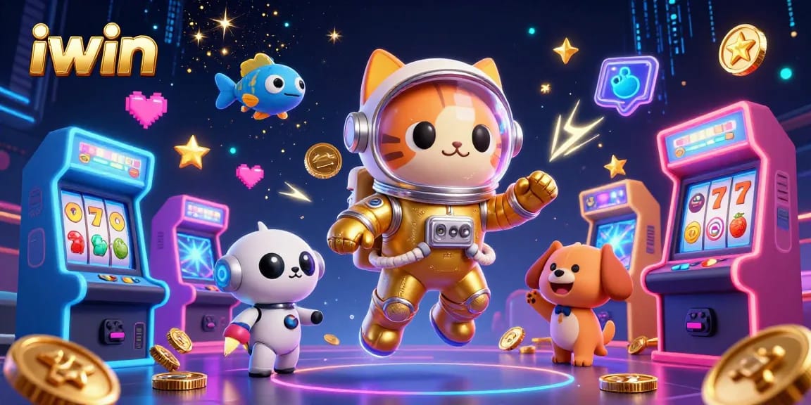 iwin the space casino adventure with an astronaut cat, robot dog, and vibrant game elements