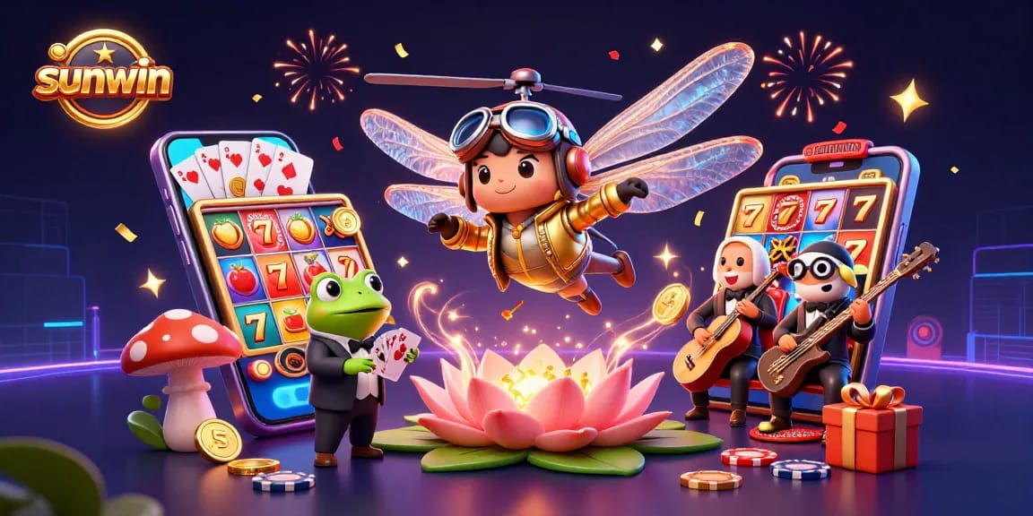 Experience sunwin's vibrant casino atmosphere with dragonfly pilot and frog croupier in a lively scene.
