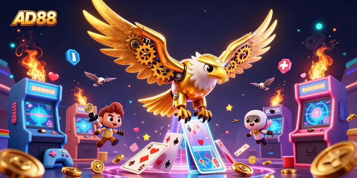 Experience thrilling gameplay on AD88 as a golden eagle soars through dazzling casino elements.