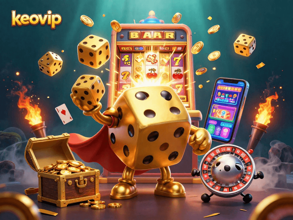 Catch the excitement of the keovip gaming experience with golden dice and jackpot visuals!