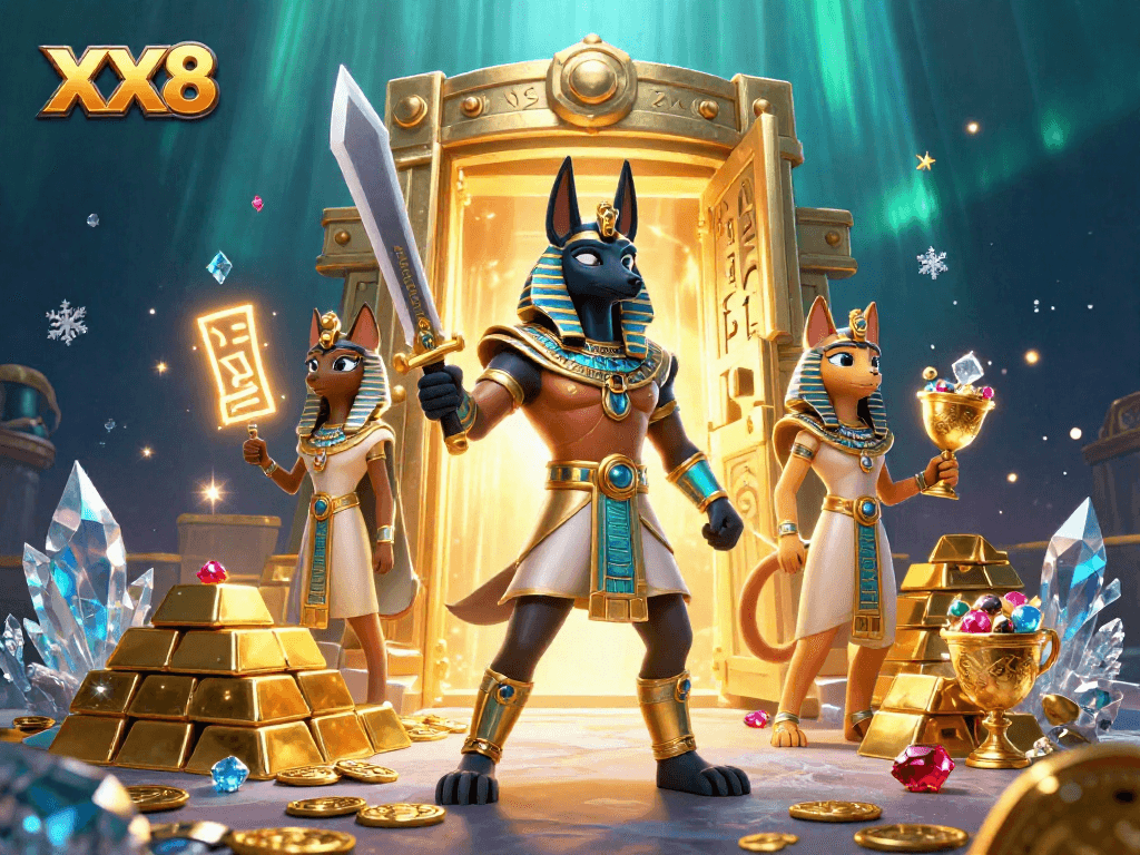 XX8 showcases players winning in a cinematic Egyptian-themed casino setting with treasures and gems!