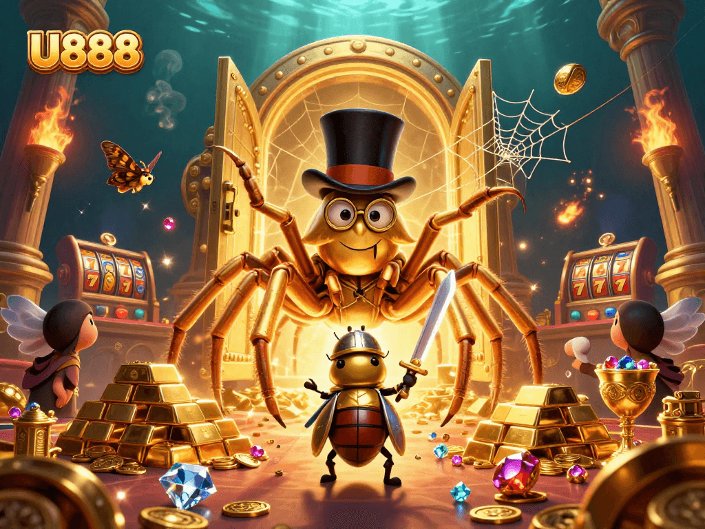 U888 engaging players with colorful slot games amidst gold treasures and vibrant characters.