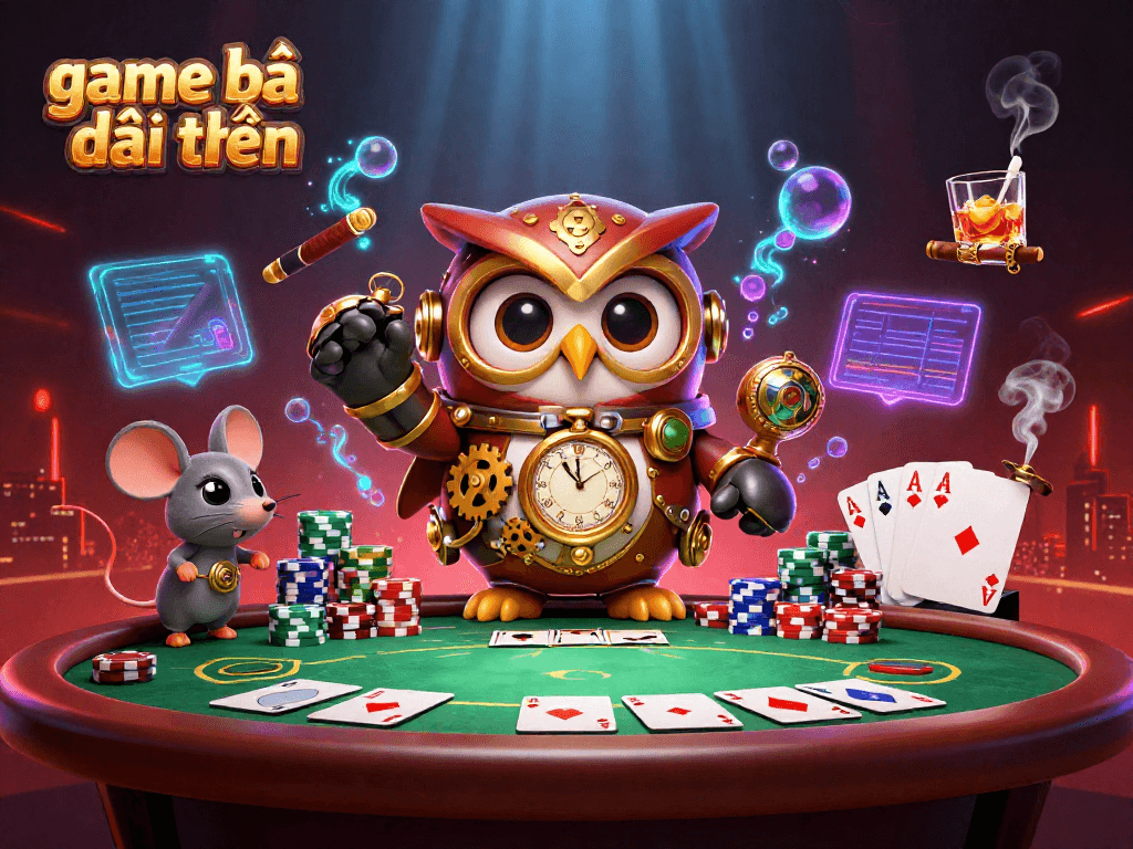 Experience game bài đổi thưởng with a steampunk owl and poker elements in a vibrant casino scene.