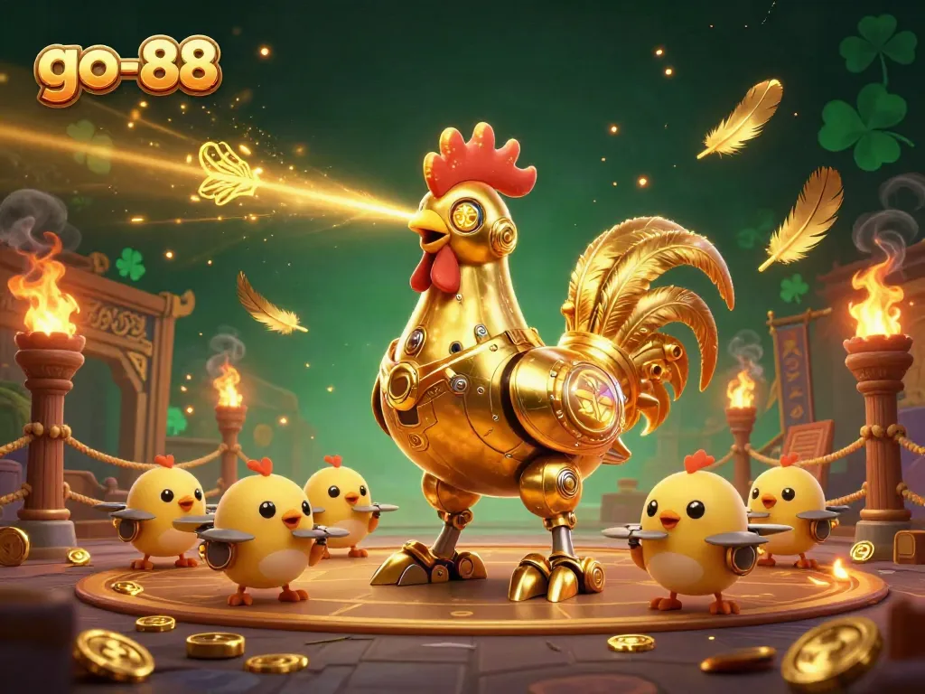 Engage in thrilling gaming at go-88 with a golden rooster robot leading baby chick drones in a lively casino scene.