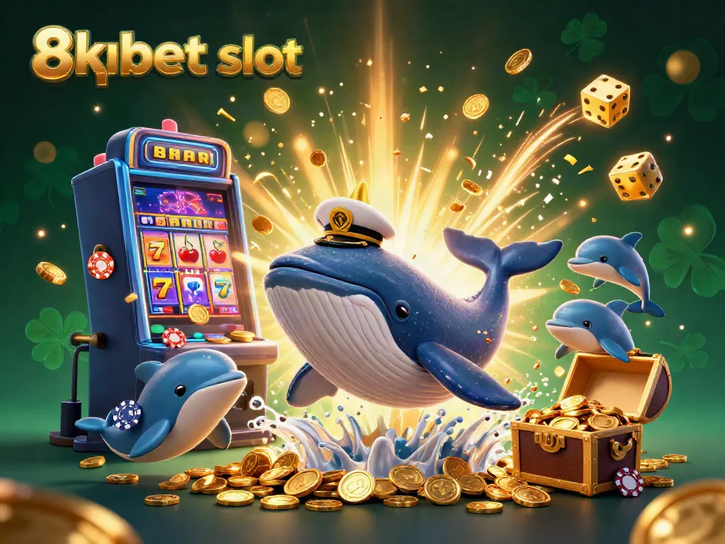 Experience the excitement of 8xbet slot with a whimsical whale and friends amid a jackpot explosion of coins.