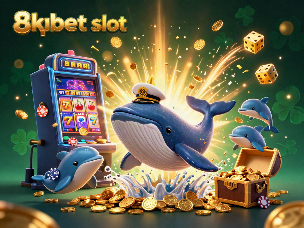 Experience the excitement of 8xbet slot with a whimsical whale and friends amid a jackpot explosion of coins.