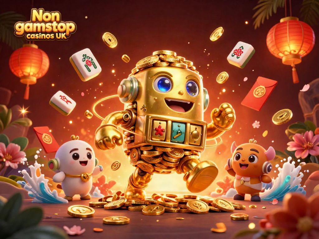 Engaging scene showcasing Non gamstop casinos UK with a dynamic golden golem and casino elements.