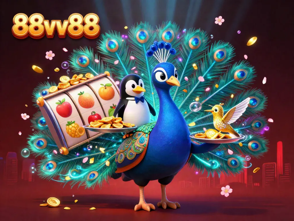 Engage with lively 88vv88 slot reels featuring vibrant symbols and a majestic peacock in a casino scene.