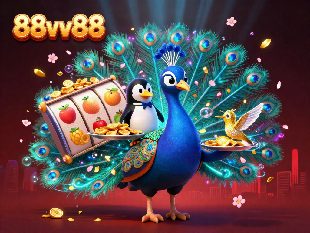 Engage with lively 88vv88 slot reels featuring vibrant symbols and a majestic peacock in a casino scene.