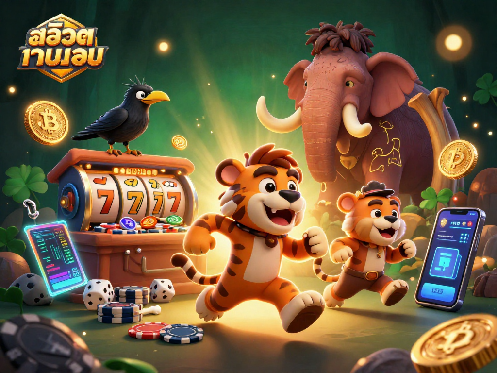 Play exciting slots at สล็อตเว็บตรง with a vibrant 3D casino scene featuring caveman characters.