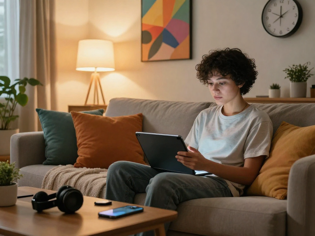 Engaging in nsfw ai chat within a cozy home setting, tablet in hand, warm ambiance.