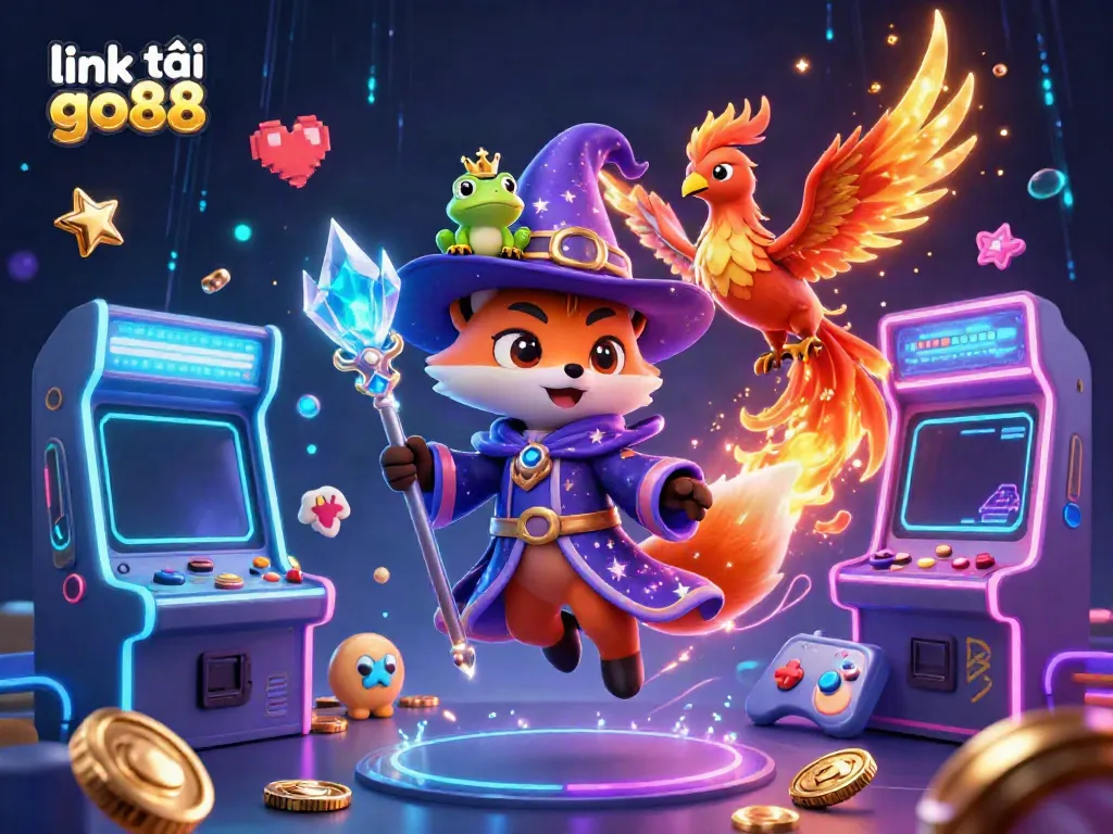 Engage with link tải go88 through an enchanting 3D wizard fox and phoenix surrounded by gaming elements.