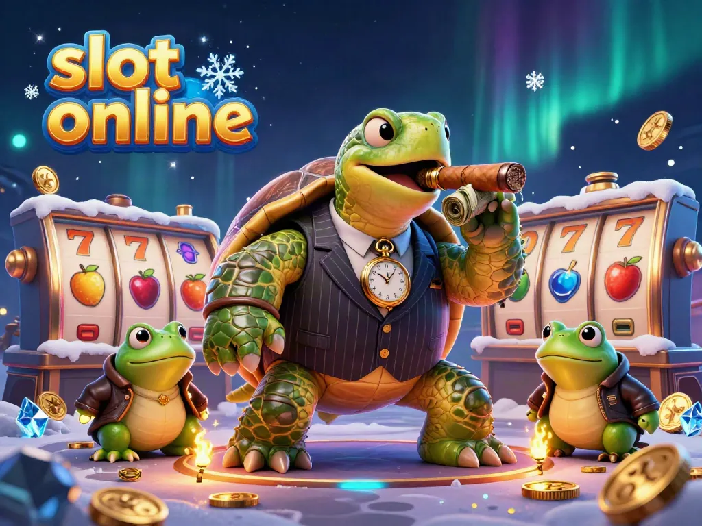 Experience slot online excitement with a cartoon turtle mobster and frog enforcers surrounded by vibrant gaming elements.