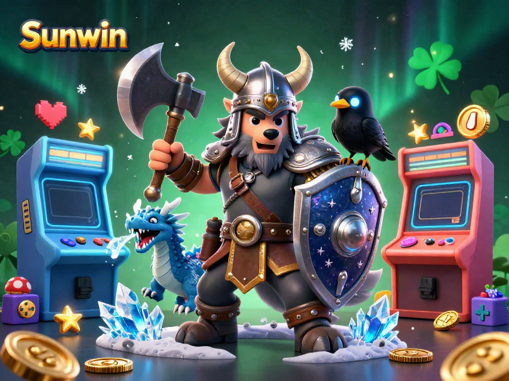 Experience the thrill of Sunwin with a Viking warrior and dragon captivatingly illustrated in a vibrant casino-themed scene.