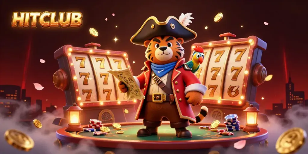 Engage with HITCLUB's vibrant casino scene where a captain bear, fierce tiger, and parrot are surrounded by spinning slot reels and glittering rewards.