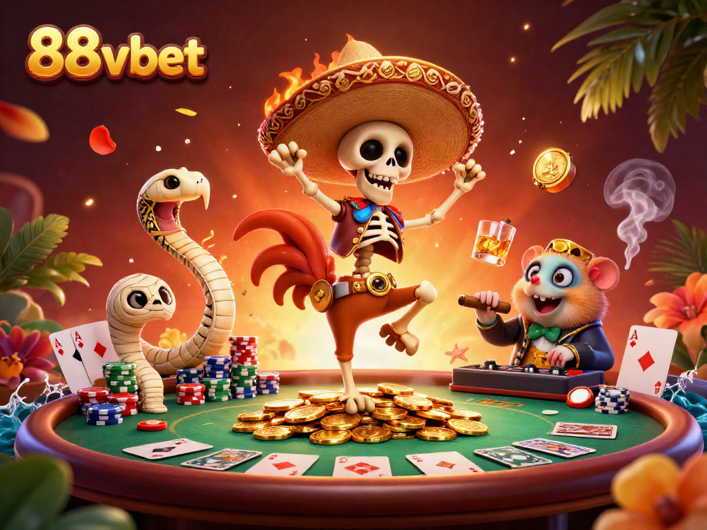 Engage with 88vbet's vibrant casino scene featuring a lively mariachi rooster, poker elements, and thrilling action.