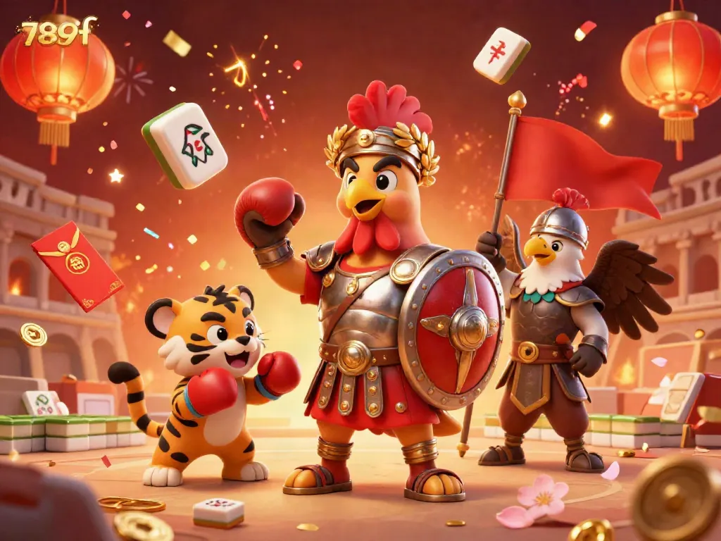 Experience the excitement of 789f with a vibrant 3D illustration of a gladiator rooster and friends in a dynamic casino atmosphere.