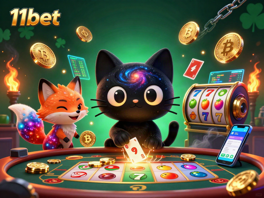 Engage with 11bet's cosmic casino scene featuring a black hole cat pulling in chips, embodying excitement.