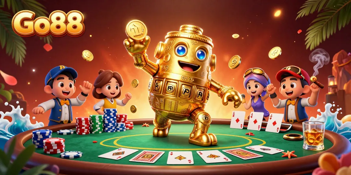 Experience thrilling gameplay at Go88 with vibrant poker elements and a golden coin golem.