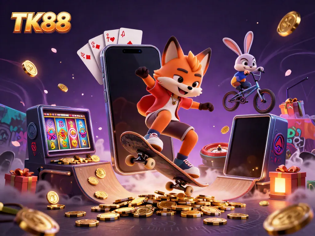 Experience thrills at TK88 with vibrant characters, casino symbols, and exciting game elements