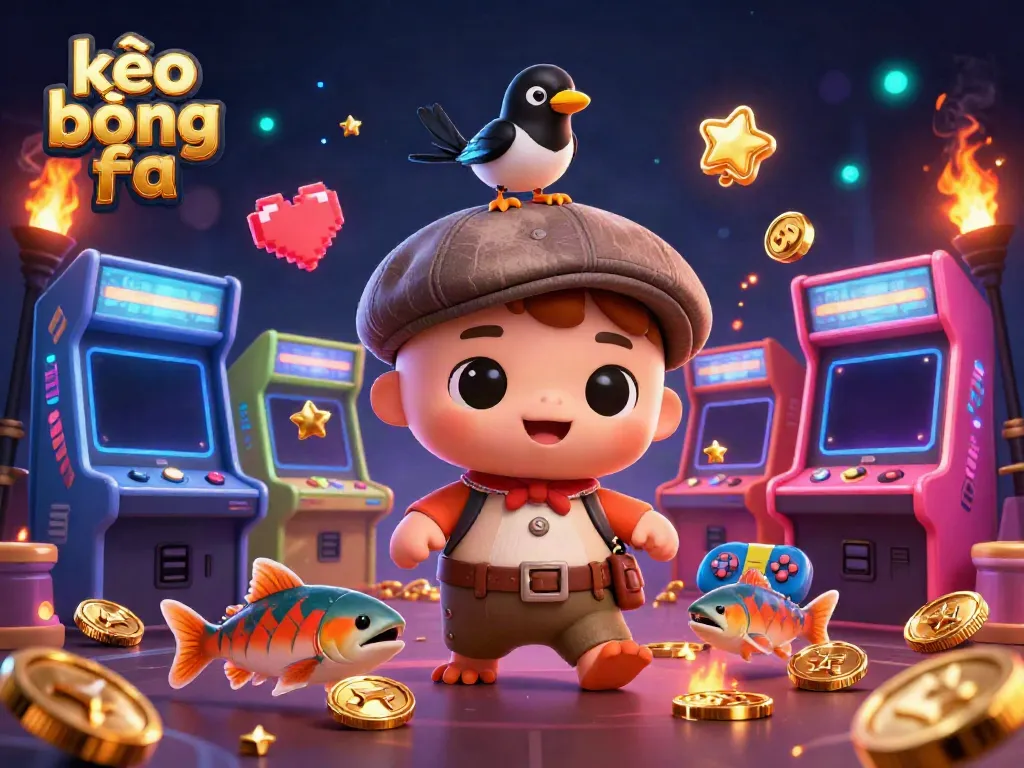 Engaging kèo bóng đá scene with cute Nessie surrounded by colorful arcade games and shimmering gold