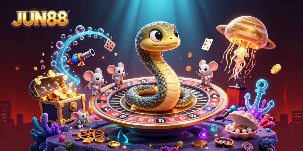 Experience the thrill of JUN88 with a cosmic gambling scene featuring snakes and astronauts betting in vibrant underwater settings.