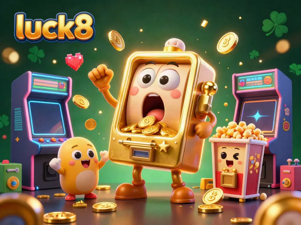 Experience the excitement of luck8 with a vibrant jackpot scene featuring cheerful slot machines pouring coins.