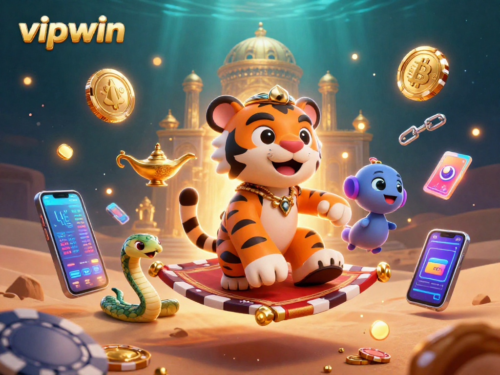 Engage with vipwin, showcasing a vibrant casino scene with a magical tiger sultan on a carpet of poker chips.