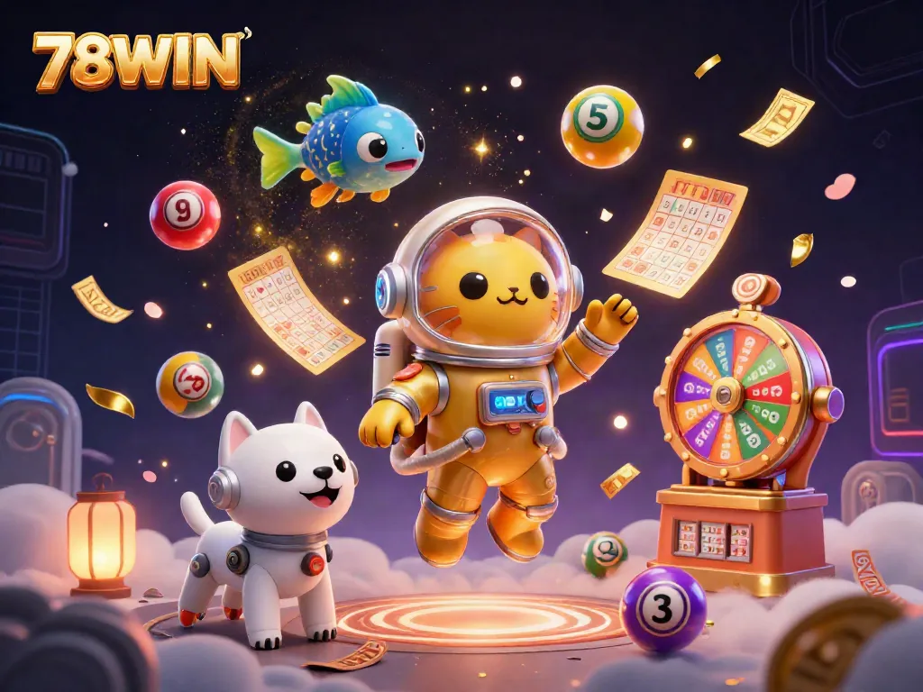Experience thrilling games and jackpot excitement with 78WIN illustrated in a dynamic 3D scene.