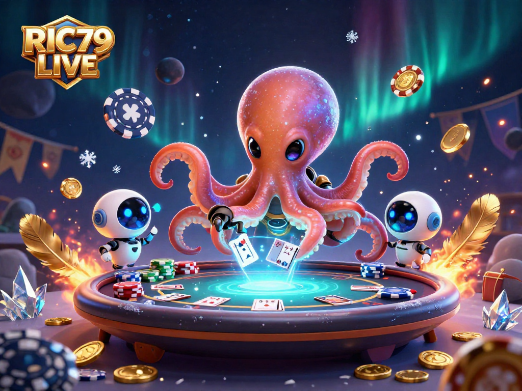 Experience the thrill of RIC79 LIVE with a vibrant, animated poker battle in space.