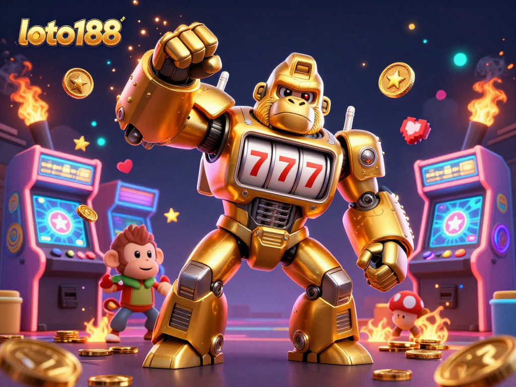Play vibrant games at loto188, featuring a mech from slot machine parts and colorful gaming elements.