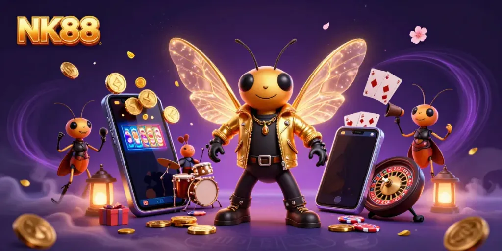 Experience the energy of NK88 with a cicada rock star and vibrant casino elements.