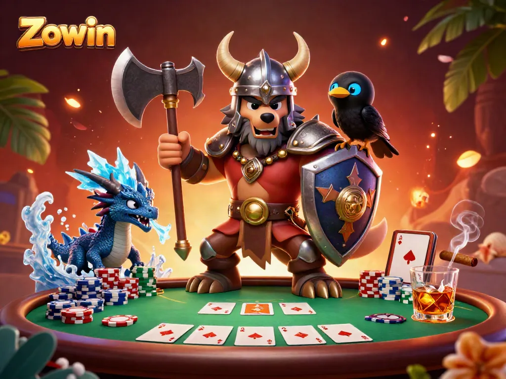 Engage with Zowin's exhilarating poker scene featuring heroic characters and colorful game elements.