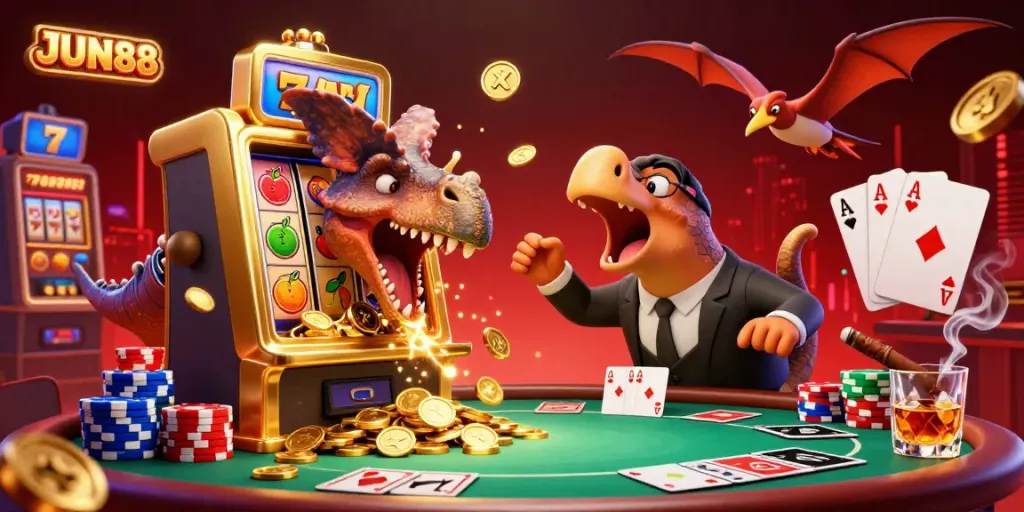 JUN88 casino fun as pachycephalosaurus triggers jackpot coins while pteranodon catches them.