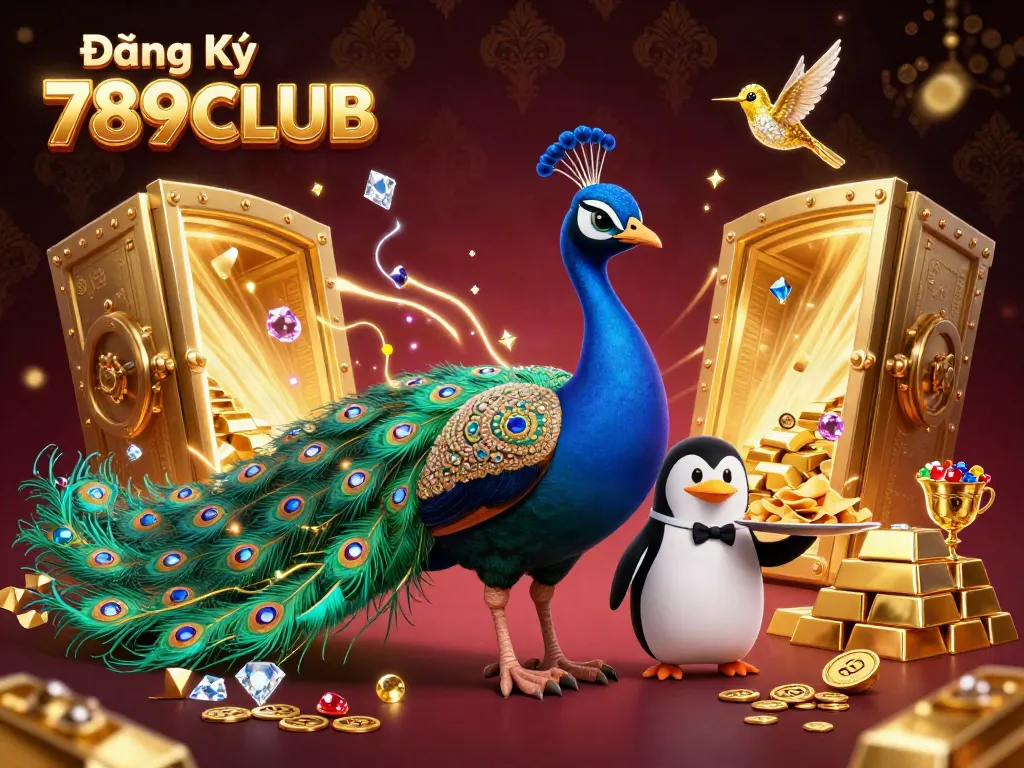 Experience the thrill of Đăng Ký 789CLUB with a vibrant artistic scene featuring a peacock, penguin, and hummingbird surrounded by treasures.