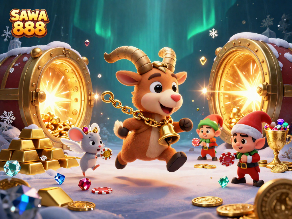 Engage in thrilling gaming with SAWA 888, featuring a festive casino scene with fantasy characters.
