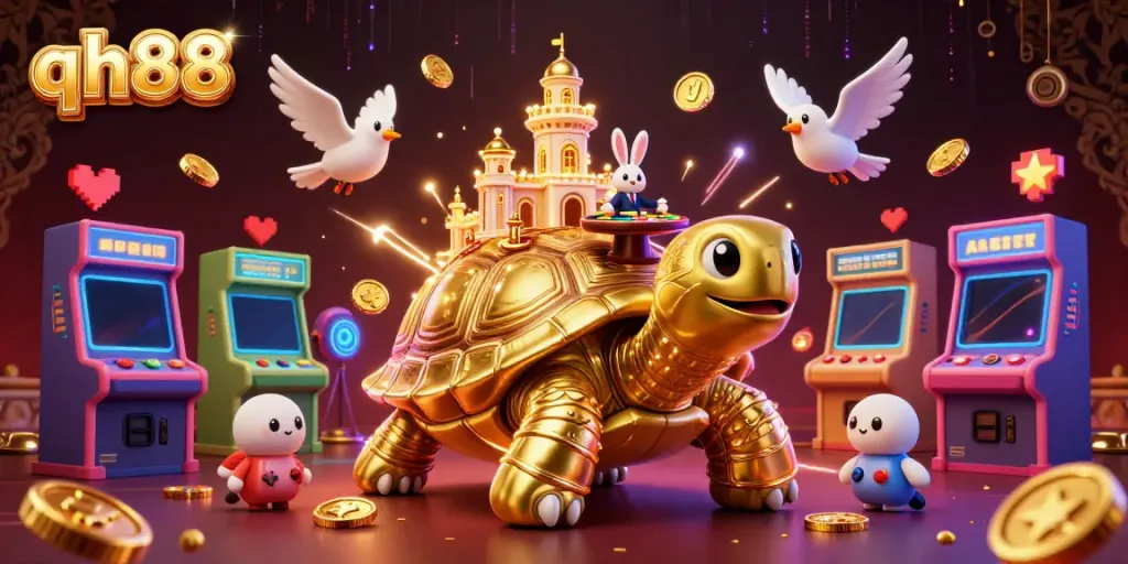 Experience thrilling gaming at QH88 with a whimsical scene featuring a golden tortoise and a card dealer.