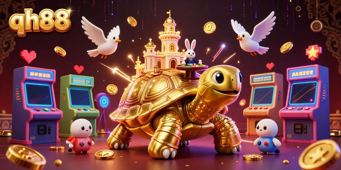 Experience thrilling gaming at QH88 with a whimsical scene featuring a golden tortoise and a card dealer.