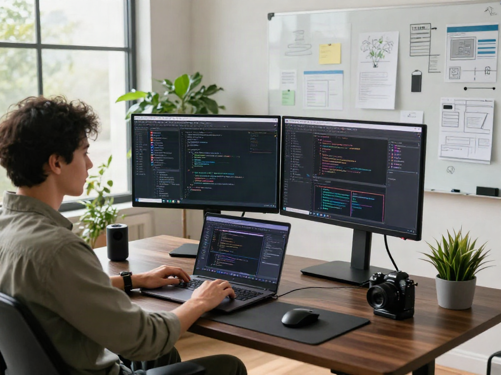 Developer working on nsfw ai project in a modern tech workspace with dual monitors, stylish design tools, and vibrant atmosphere.