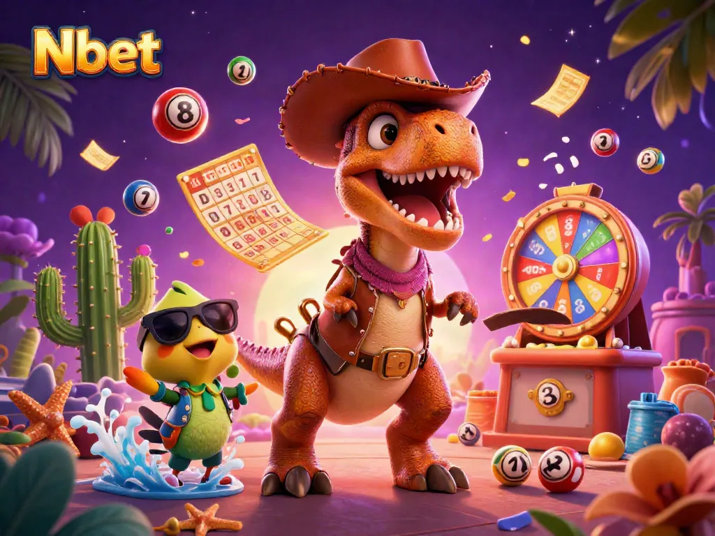 Nbet showcases a vibrant, animated scene with a cowboy dinosaur, cactus sidekick, and roadrunner amidst colorful lottery elements.
